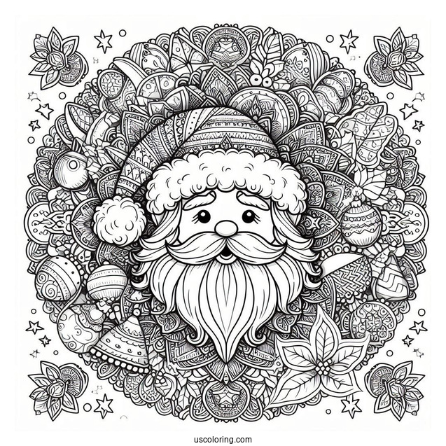 Realistic Santa Inside A Christmas Mandala Coloring Page