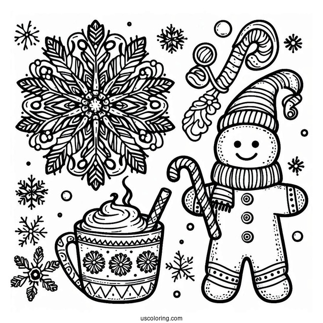 Snowflake Coloring Page With Hot Cocoa And Gingerbread Man