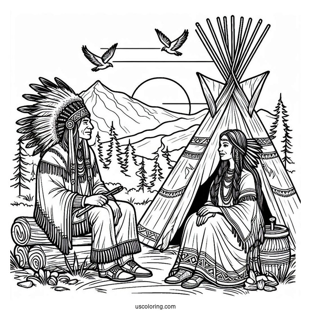 Native American Coloring Page Chief And His Wife Sitting Outside Tepee