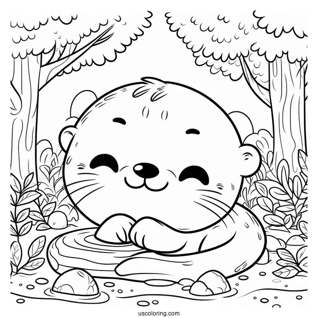 Kawaii Otter Coloring Page In The Forest For Kids