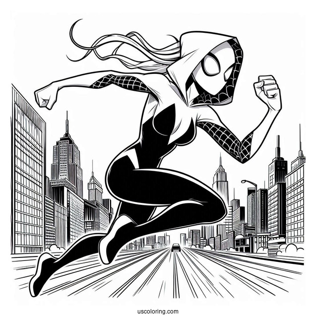 Comic Spider-Gwen Coloring Page Running In The City