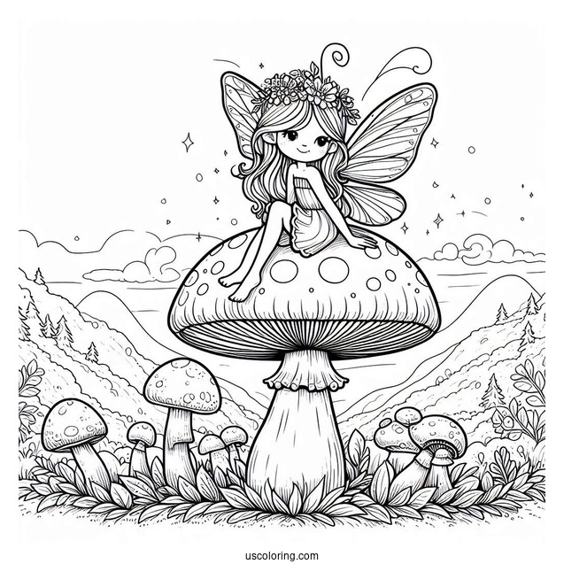 Beautiful Fairy Lounging On Top Of A Mushroom Coloring Page