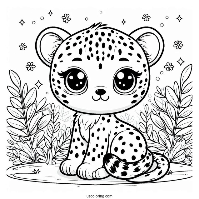 Kawaii Baby Cheetah Coloring Page Sitting Down