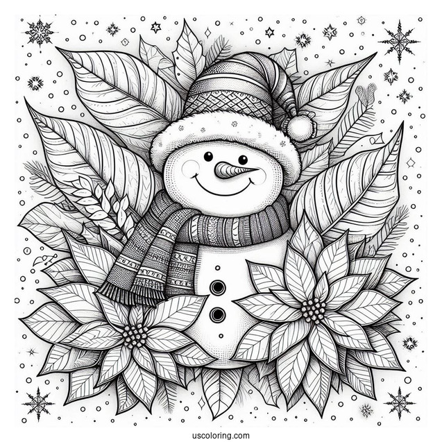 Christmas Coloring Pages For Adults Of Smiling Snowman In Front Of Christmas Poinsettia Mandala