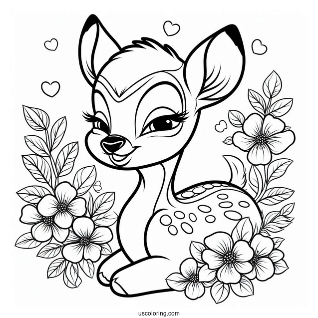 Smiling Bambi, Blossom, And Flower Coloring In For Kids v2