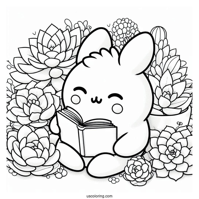 Pompompurin Reading While Surrounded By Succulent Coloring Page
