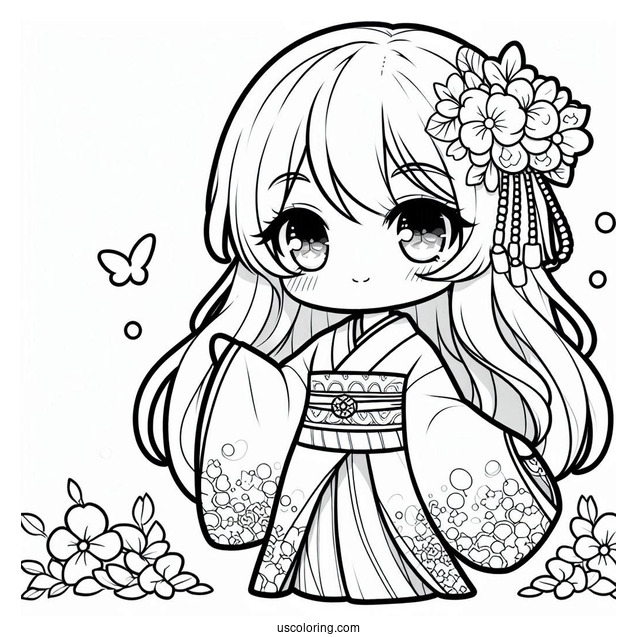 Beautiful Chibi Girl In A Kimono Coloring Page