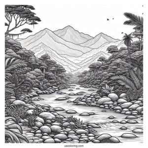 Detailed River And Rocky Terrain Of Jungle Coloring Page
