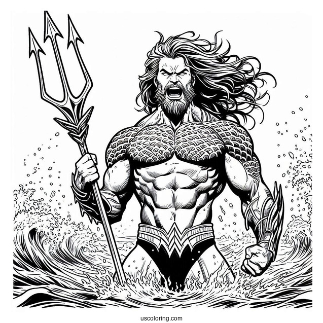 Aquaman Coloring Page Angry Poseidon Holding His Trident Above The Sea
