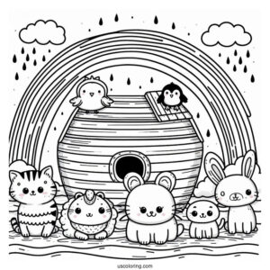 Kawaii Animals On Noah's Ark Coloring Page With Rainbow