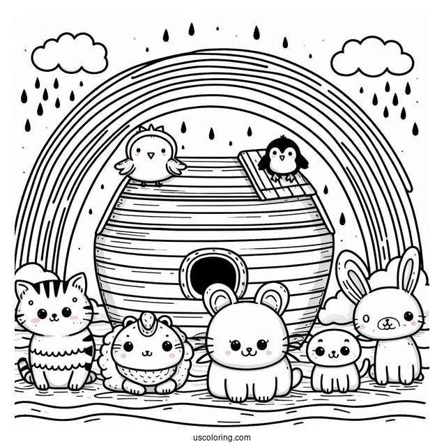 Kawaii Animals On Noah's Ark Coloring Page With Rainbow