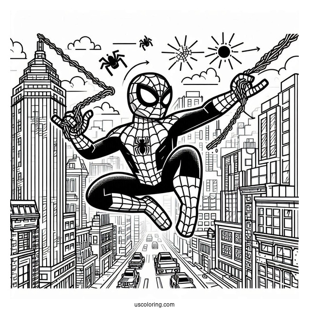 Lego Spider-Man With Webs Swinging Through City