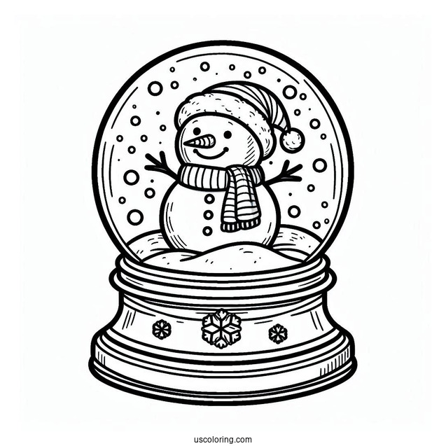 Snow Globe Coloring Page With A Snowman Wearing A Santa Hat