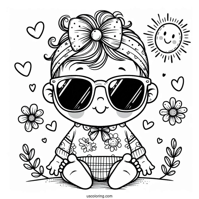 Easy Baby Coloring Page Wearing Sunglasses For Kids