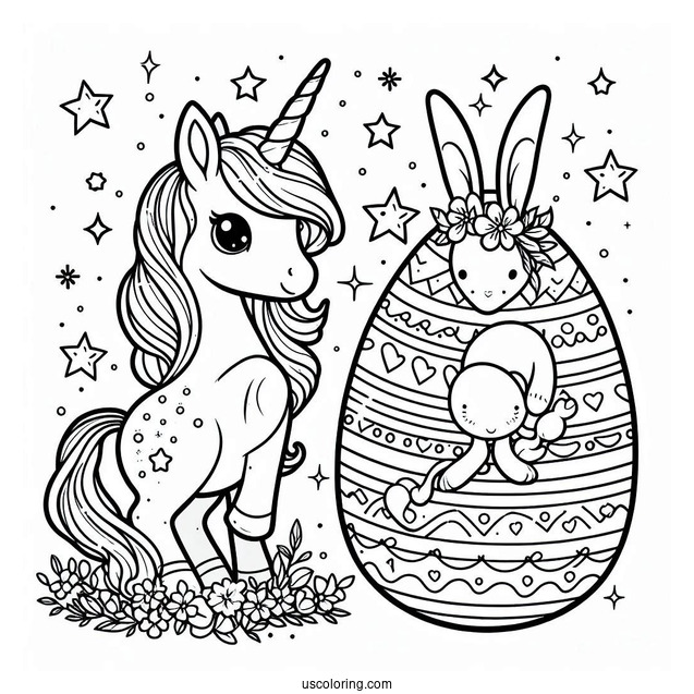 Unicorn Standing on Easter Egg Coloring Page With Stars and Bunnies v2