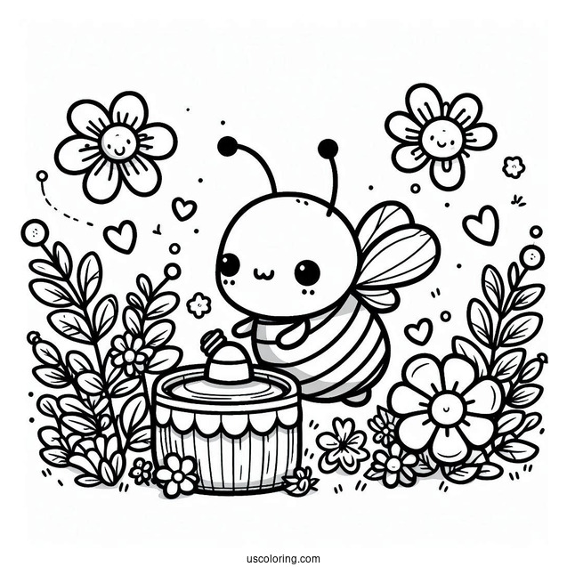 Kawaii Bee Coloring Page Collecting Flowers