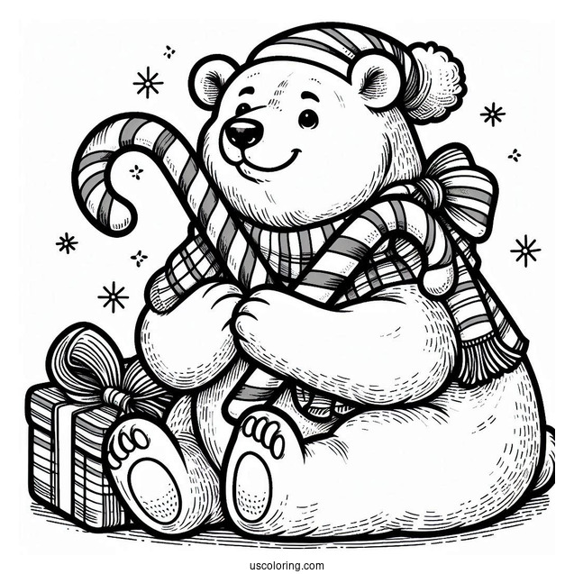 Big Polar Bear With Christmas Candy Canes Coloring In