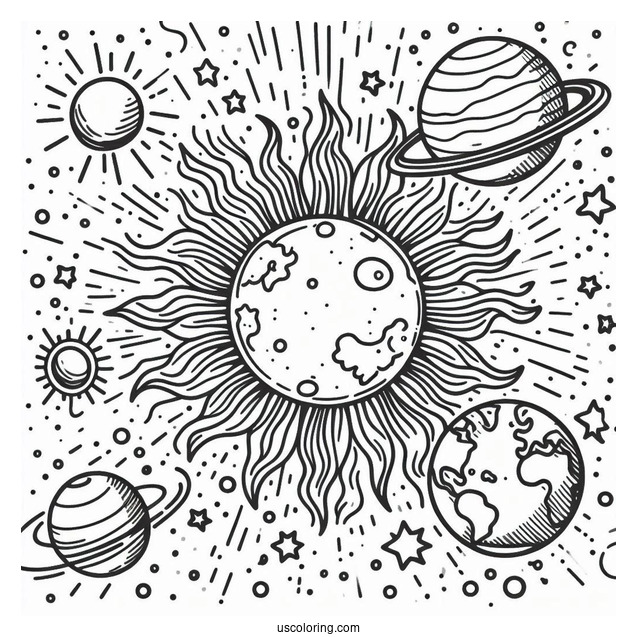 Earth And Sun In Space To Color