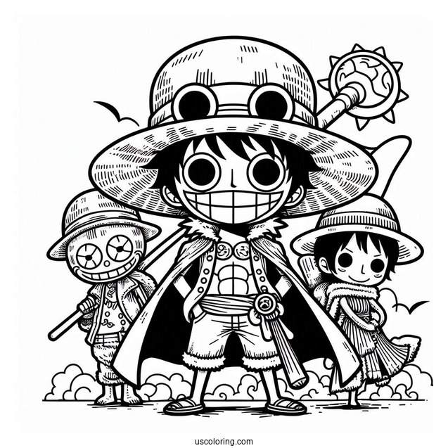One Piece Coloring Page Of Straw Hat Pirate With Jimbei, Franky, And Brook