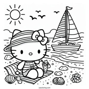 Pretty Hello Kitty At The Beach With A Sailboat Behind Her