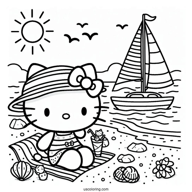 Pretty Hello Kitty At The Beach With A Sailboat Behind Her