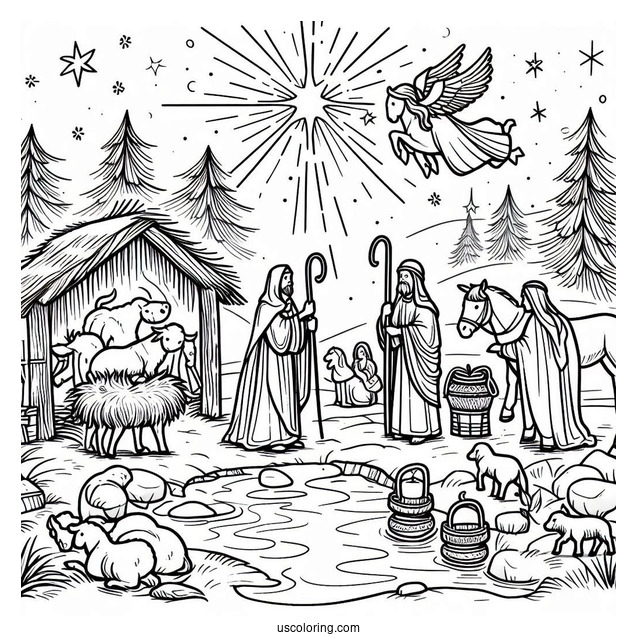Easy Nativity Coloring Page Scene For Kids