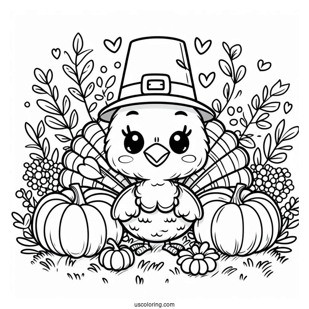 Pilgrim Coloring Page Cute Turkey With Pumpkins On The Grass For Kids