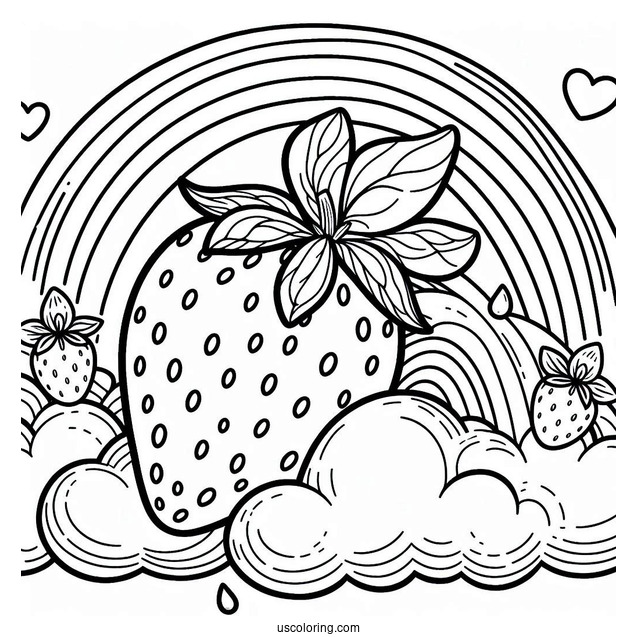 Strawberry Coloring Page On A Cloud Sliding Down A Rainbow