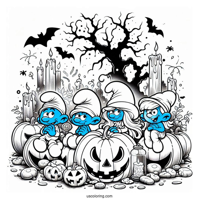 Detailed Halloween Smurfs Coloring Page