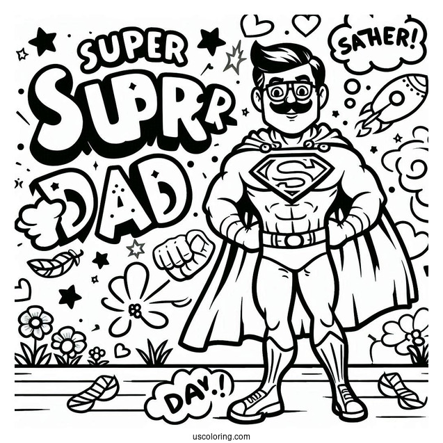 Father's Day Coloring Page Of Comic Super Dad Words For Kids