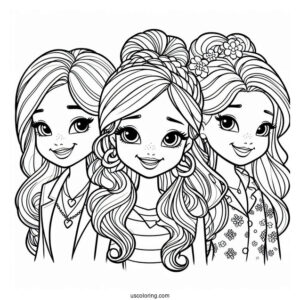 Polly Pocket Coloring Page Of Shani Smith, Lila Draper, And Nikolas Wells Grinning