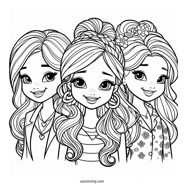 Polly Pocket Coloring Page Of Shani Smith, Lila Draper, And Nikolas Wells Grinning
