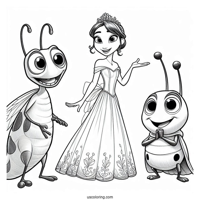 Pixar Coloring Page of Princess Atta, Flik, Heimlich, And Dot Bug s Life