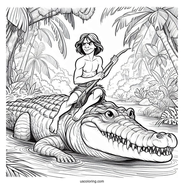 Tarzan Coloring Page And Jane Riding Crocodile In Jungle