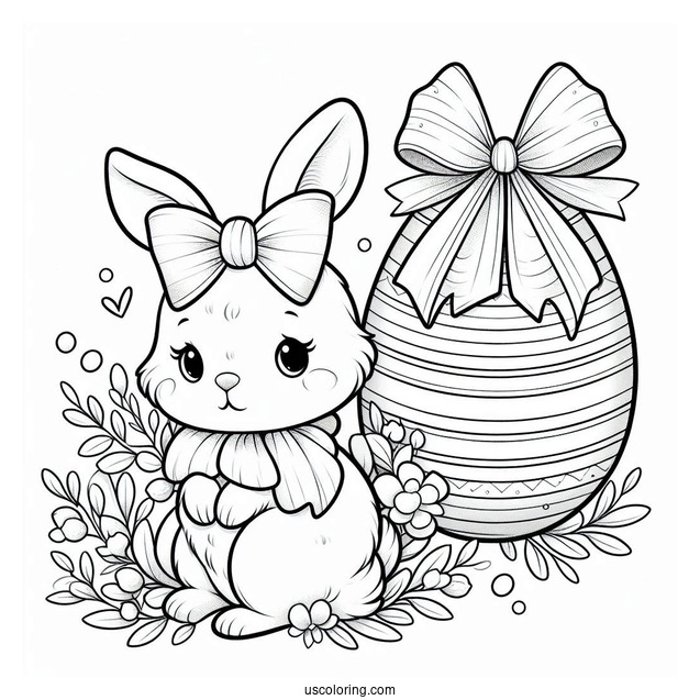 Easter Bunny Coloring Page With Large Bow And Easter Egg