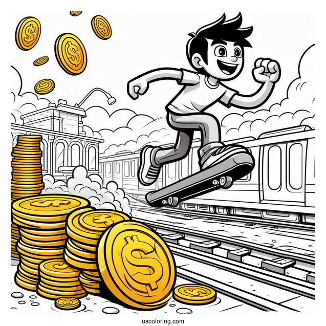Subway Surfers Coloring Page Jake Chasing Gold Coins Behind A Subway