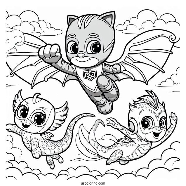 PJ Masks Coloring Page Of Catboy, Gekko, And Oweltte Flying In The Sky