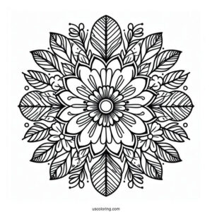 Circle Flower Mandala With Leaves Coloring Page