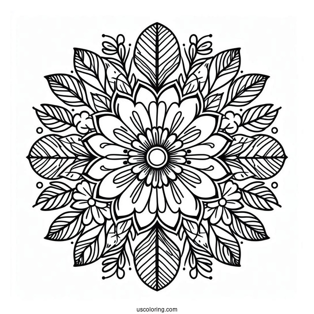 Circle Flower Mandala With Leaves Coloring Page