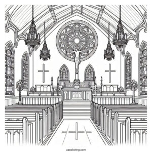 Church Coloring Page Interior With Pews, Stained Glass, And The Crucifixion