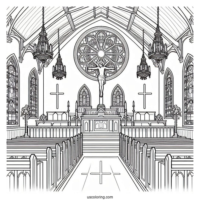 Church Coloring Page Interior With Pews, Stained Glass, And The Crucifixion
