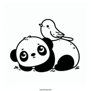 Tiny Bird Sitting On Baby Panda Coloring Page Head