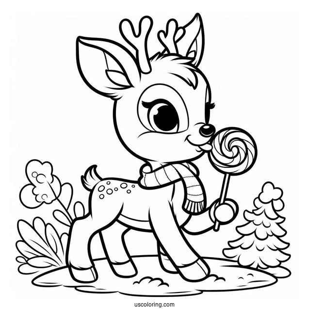 Rudolph Coloring Page Eating A Lollipop For Kids