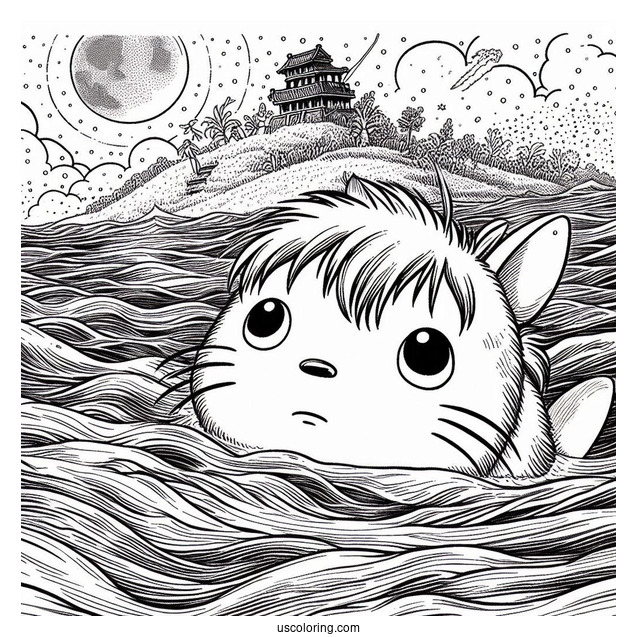Studio Ghibli Coloring Page of Ponyo Peering Above The Ocean