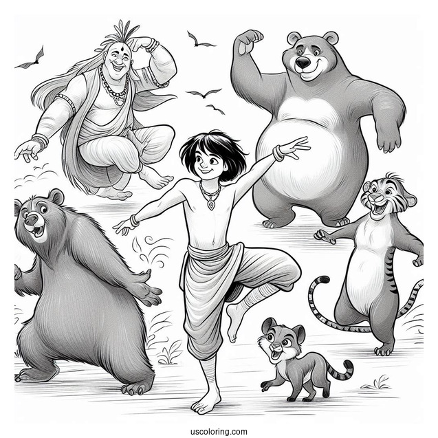Jungle Book Coloring Page Of Mowgli Dancing With Shanti, Ranjan, Baloo, King Louie, And Kaa