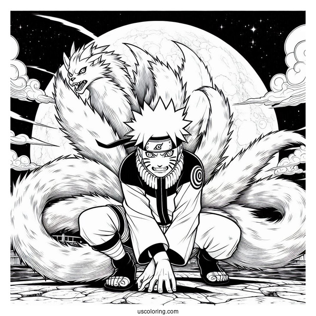 Naruto Coloring Page Of Fierce Nine Tails Under Full Moon