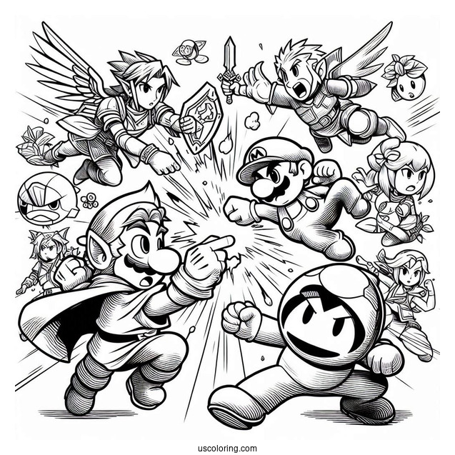 Super Smash Bros Coloring Page Of Characters Fighting For Kids