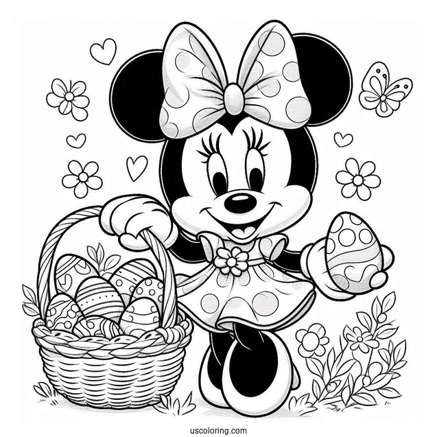 Minnie Mouse In Easter Bunny Coloring Page Costume Holding Basket With Eggs