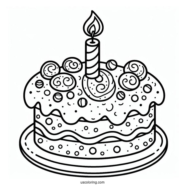 Cookie Birthday Cake With Candle Coloring Page For Kids