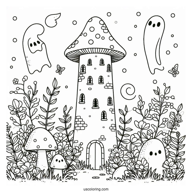 Mushroom Coloring Page Tower With Ghost And Floral Backgrounds